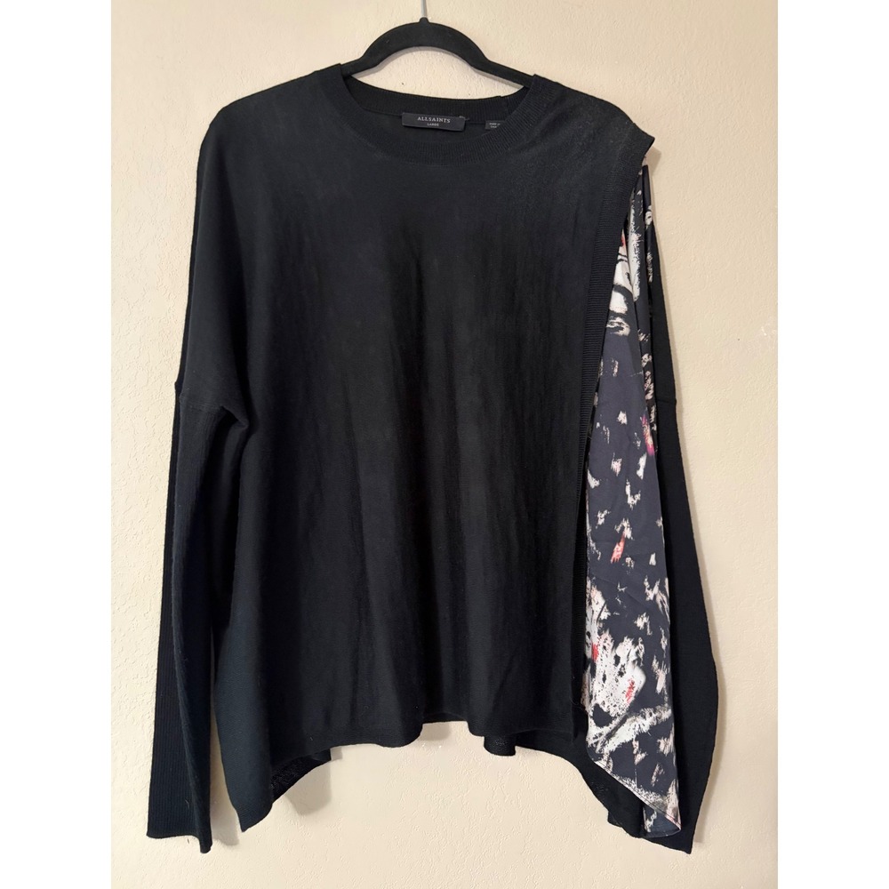 ALLSAINTS Black Merino Wool Silk Mix Media Asymmetric Floral Knit Sweater L